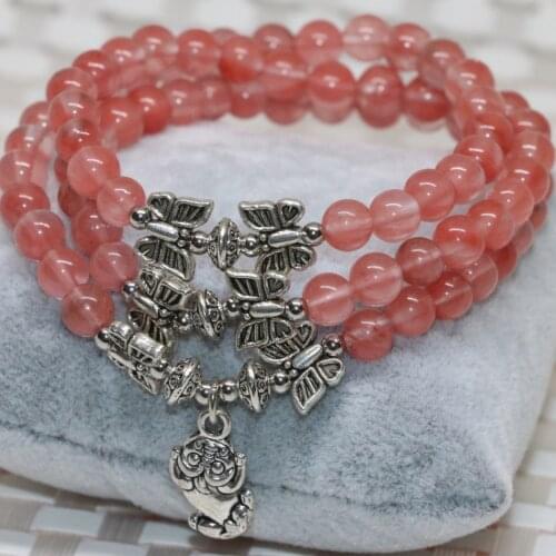 Round beads pink quartz watermelon 6mm long chain multilayer bracelet for women elastic strand diy free shipping jewelry B2257