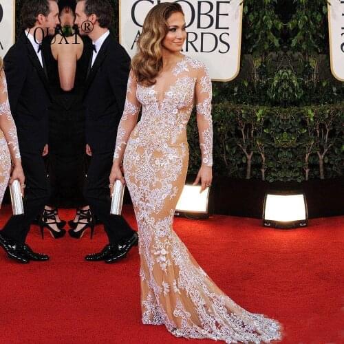 Jennifer Lopez Long Evening Dresses Tulle Appliqued Long Sleeve Sexy Mermaid Court Train Formal Evening Gowns Robe de Soiree