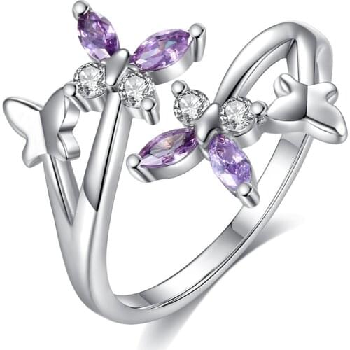 European and American Temperament Butterfly Love Flower Amethyst Bow Opening Adjustable Female Wedding Ring Party Prom Jewelry