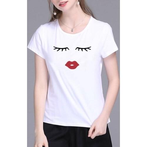 Kawaii Eye Lashes Red Lips Tops Clothes Printed T Shirt Women Summer Harajuku Sexy Female T-shirt Aesthetic Streetwear