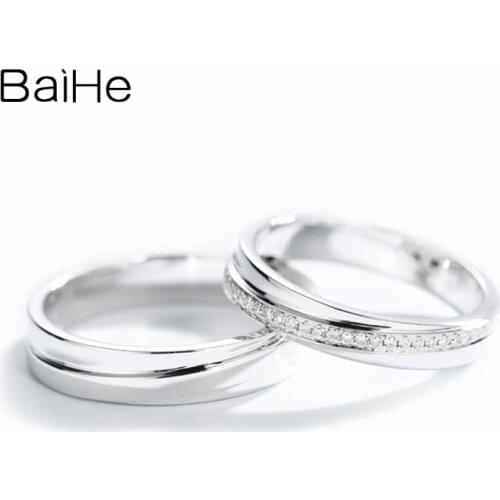 BAIHE Solid 14K White Gold 0.11ct H/SI Round Natural Diamonds Fine Jewelry Wedding band Trendy Gift Diamond Ring Couple Ring