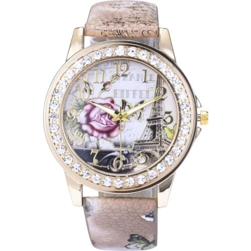 Best Selling Fashion Women Rose Gold Flower Rhinestone Watch Luxury Casual Female Leather Quartz Watch Relogio Feminino 050