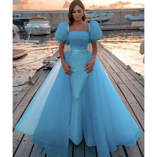 Top Selling Blue Detachable Train Evening Dresses Square Neck Short Sleeve Sequined Open Back Celebrity Evening Gowns