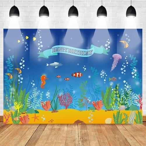 MOCSICKA Happy Birthday Party Poster Photography Backdrops Mermaid Princess Underwater World Photo Background Fish Photo Studio