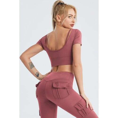 2021 New Fashion Ladies Nude Short-sleeved T-shirt with Chest Pads Gathered and Quick-drying Running Sportswear