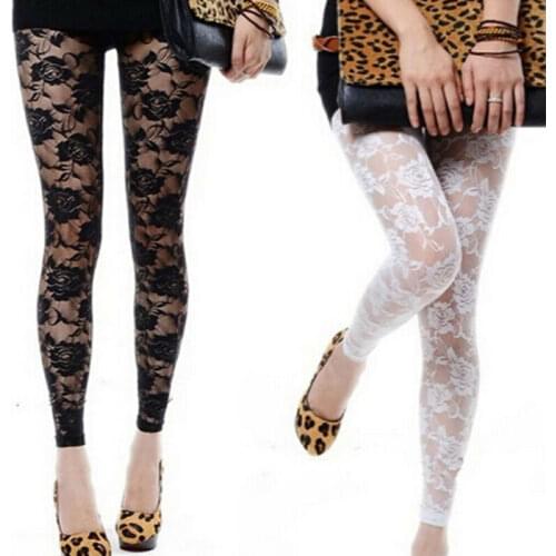 New Sexy Women Lady Rose Lace Leggings Female Thin Hollow Transparent High Waist Slim Fit Leggings Korean Style Clothes 2020