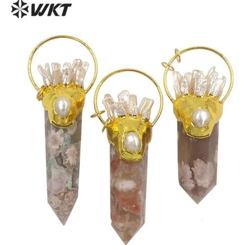 WT-P1679 Wholesale Fashion Gold plated Cherry Agate Pendant with pearl charm on top Energy Hexagon Spirit quartz point pendant