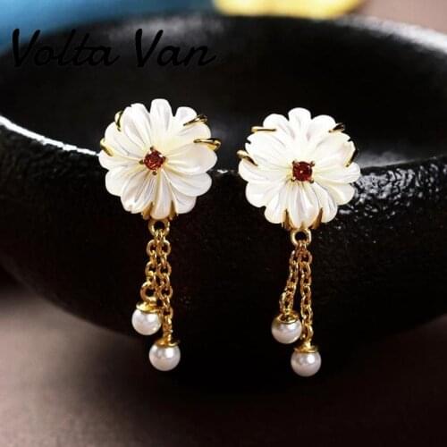 Volta Van 925 Sterling Silver Drop Earrings Pendientes Plata Zircon Natural Shell Beads Fine Jewelry Elegant 2021 New Earrings