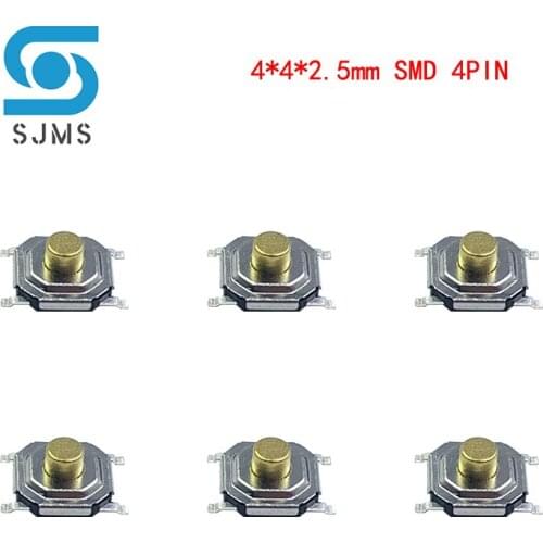 SJMS 100PCS Waterproof Copper Pillar Tactile Push Button Switch 4x4X2.5 Micro Switch 4*4*2.5 mm mini Tact Switch SMD 4 Pin