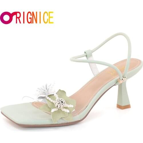 Orignice Manual Made Ankle Strap High Heels Slingback Sandals Sweet Fashion Women Flower Clear PVC Summer Sexy Dress Prom Shoes