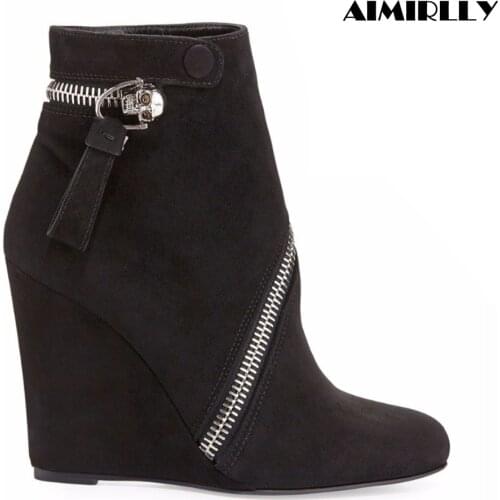 Women Round Toe Wedge Ankle Boots Button Strap Concise Zipper Decorated Ladies High Heel Shoes Booties Black Faux Suede