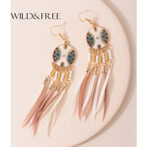 Wild&Free Handmade Long Feather Drop Dangle Earrings Women Jewelry Bohemian Alloy Pink Blue Beads Tassel Earrings Accessories