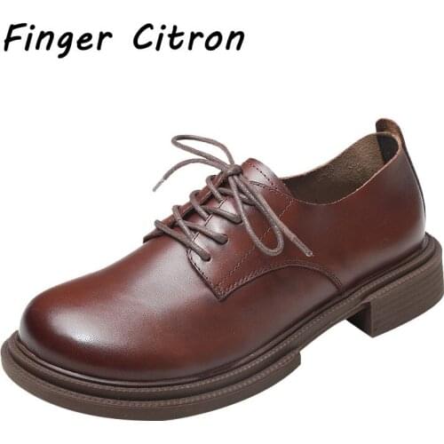 Finger Citron Genuine Cow Leather Women Loafer Shoes Round Toe Square Heel With Lace-Up By Handmade Comfirtable Size 35-41