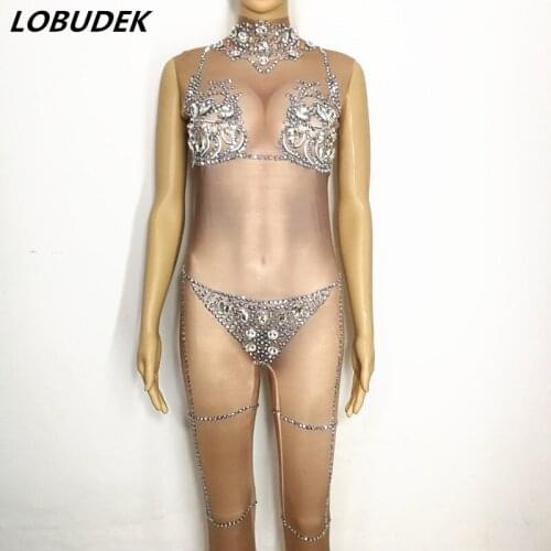 Skin color Jumpsuit Sparkly Crystals Female Costumes Prom Party Model catwalk performance clothes Bar DJ women singer Jazz show