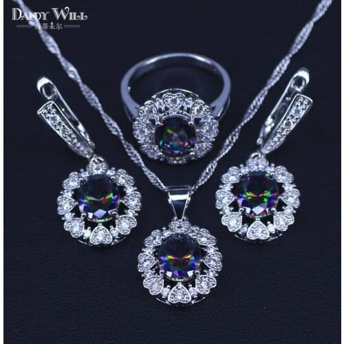 Fire Multi color Rainbow Zircon For Women Silver Color Jewelry Sets Necklace Pendant Earrings Rings Free Shipping