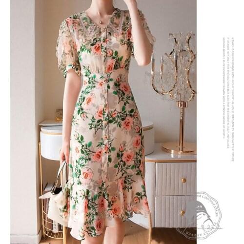 Castle Summer French Retro Hollow Out Lapel Waist Closing looks Thin slim Mulberry Silk Printed Dress lady long skirt one-piece