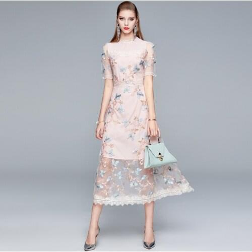 Luxuriy Mesh Butterfly Embroidery Women Dress Summer Fashion Designer O-Neck Short Sleeve High Waist Slim Elegant Banquet Dress