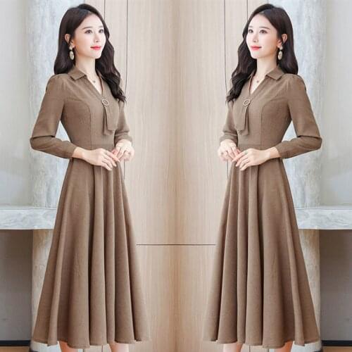 2021 Women Spring Autumn Fashion V-neck Pleated Dress Female Long Sleeve Loose Dresses Ladies Long Solid Color Vestidos U732