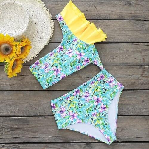 One Piece Swimsuit One Shoulder Ruffle Swimwear Women Print Push Up Monokini Sexy Bodysuit Plus Size Bathing Suit Traje de baño