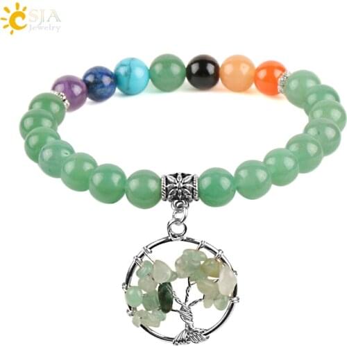 CSJA 7 Chakras Natural Stones Green Aventurine Bracelets Bangles Yoga Mala Beads Healing for Women Tree of Life Pendant E878