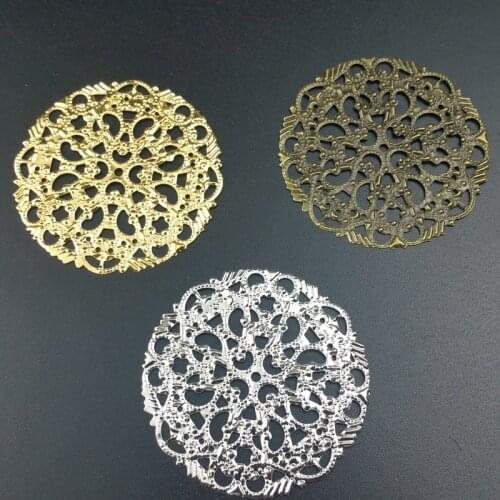 20pcs/lot 45mm Silk flower round Metal Filigree Flowers Slice Charms base Setting Jewelry DIY Components