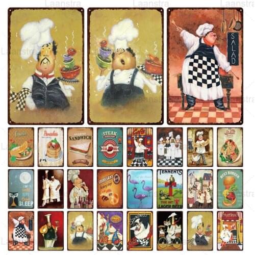 Retro Iron Sheet Restaurant Decoration Cartoon Drawing Chef Kitchen Food Tin Sign Metal Painting Wall Art Decor Bar Iron Plaque