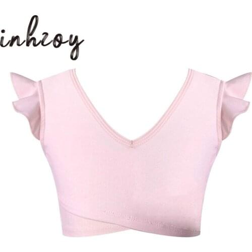 Kids Stretchy Bra Crop Top V Neck Ruffle Sleeveless Gymnastics Tops Girls Ballet Jazz Dance Costume Children Fitness Dancewear