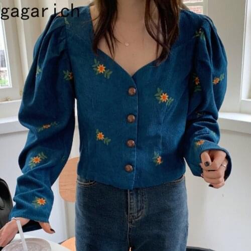 Gagarich Chic Short Coat Woman 2021 Autumn New Vintage Ins Square Neck Corduroy Embroidered Puff Sleeve Single Breast Top Tide