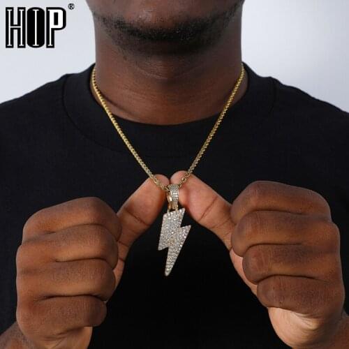 Hip Hop Bling Iced Out Micro Paved CZ Lightning Pendant & Necklaces For Men Rapper Jewelry With Solid Back