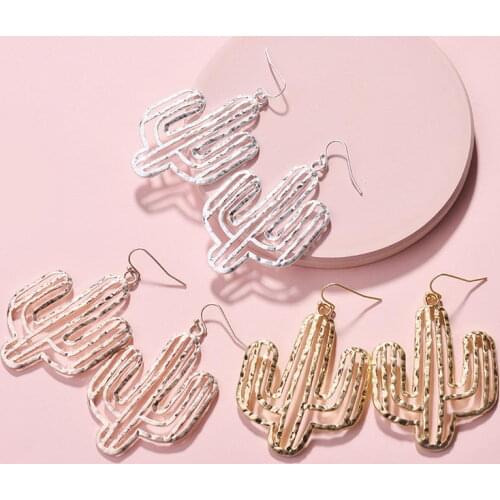 Thumped Cutout Metallic Cactaceae Dangle Drop Earrings for Women Cut Out Cacti Metal Drop Statement Earrings