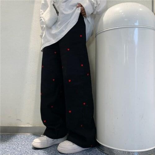 2021 New Jeans Streetwear Casual Heart-Shaped Embroidery Elastic Waist Vintage Baggy Straight Denim Trouser Mom Wide Leg Pants