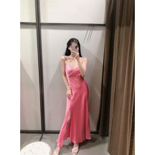 V Neck Solid Color Tight Dress Silk Sling Sexy Split Long Sleeveless Strapless Slim High Waist And Ankle Length Pink Home Casual