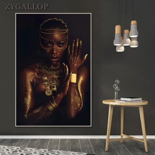 African Woman Posters and Prints Black and Gold Women Oil Painting On The Wall Modern Art Canvas Picture for Living Room Cuadros