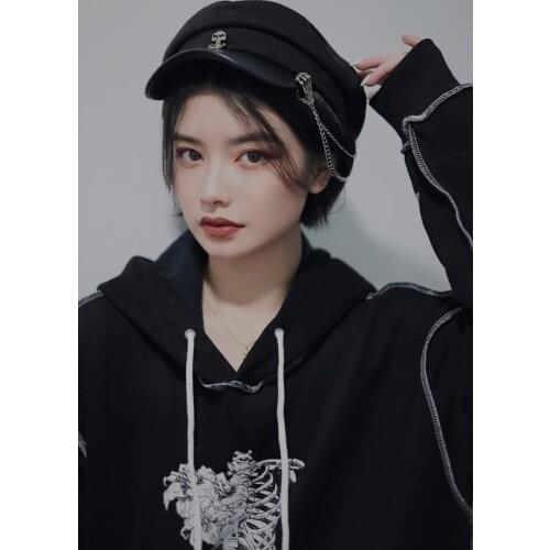 Ruibbit Punk Rock Gothic Tassel Metal PU Leather Patchwork Wool Beret Cap Harajuku Vintage Lolita Beret Hats Womens Hats