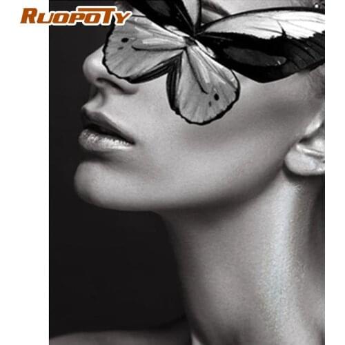 RUOPOTY Diy Oil Painting By Numbers Kits For Adults Butterfly On Woman Face Framed Picture Acrylic Drawing Canvas Wall Art Photo