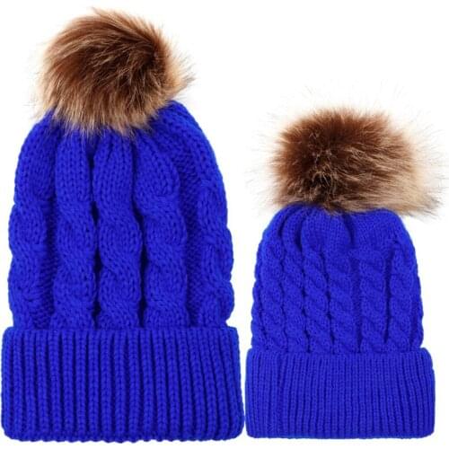 LZH 2020 Autumn New Childrens Winter Hats Twist Knitting Hat For Girls Parent-child Imitation Raccoon Fur Ball Woolen Kids Hats