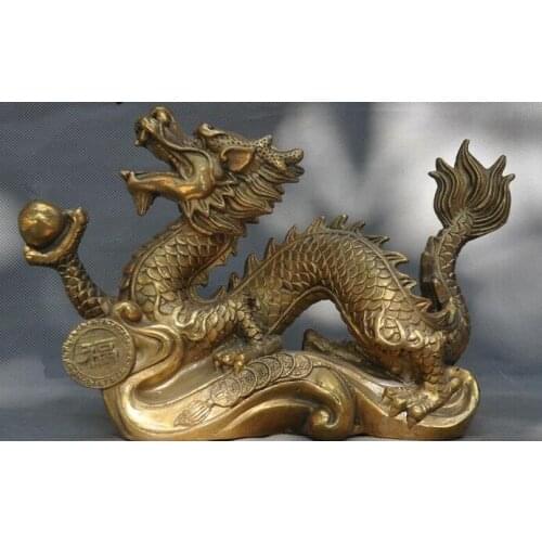 Old China Folk FengShui Auspicious Bronze Copper Dragon Loong Play Bead Statue