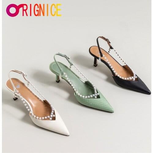 Orignice New Arrival Women Genuine Leather Pumps String Bead Buckle Strap Pointed Toe Thin Heels Sling Back Dress Party Shoes