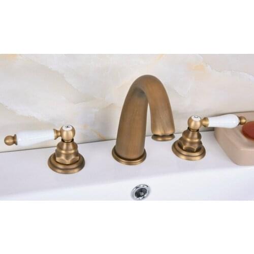 Vintage Antique Brass 2 Ceramic Handle Deck-Mount 3 Hole Widespread Bathroom Lavatory Bathtub Basin Faucet Sink Mixer Tap dan078