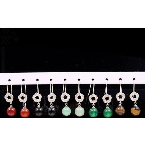 YJXP 8mm-Round Beads Drop Earrings Natural Black Agates Red Onyx Quartzs Stone Zircon Inlay Earring For Women Girls Jewelry Gift