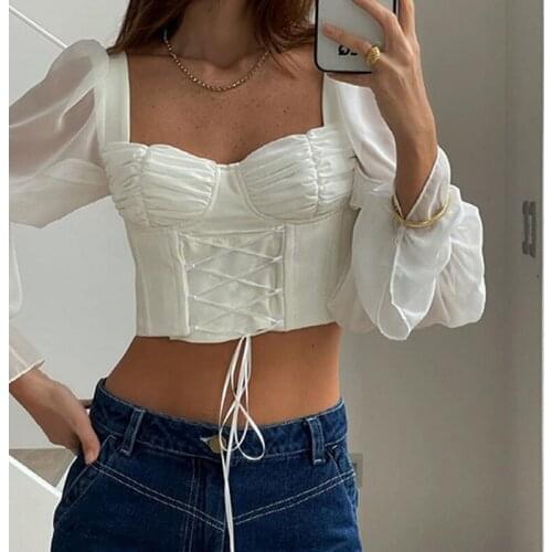 2021 Fashion Sexy Bandage Women Shirt Elegant Long Puff Sleeve Slim Fit Blouse Crop Top Square Collar Exposed Navel Tops