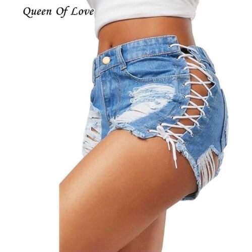 2021 New Summer Fashion Elegant Streetwear Denim Shorts Women Sexy Cross Bandage Hollow Out Sexy Hole Short Jeans Pant