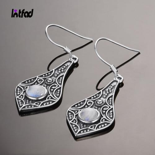 925 Sterling Silver Long Drop Earrings 5MM Round Natural Moonstone Earring for Women Vintage Wedding Party Gift Jewelry