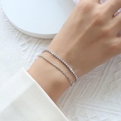 Silver Colour Stainless Steel Beads Double Chains Bracelet Bangle Women, Simple Bracelets With Cubic Zirconia Fashion Jewelry
