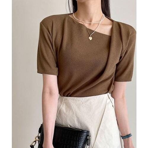 Korea Chic Temperament Careful Machine Irregular Collar Exposed Clavicle Design Loose Short-Sleeved Micro Ice Silk Sweater Women