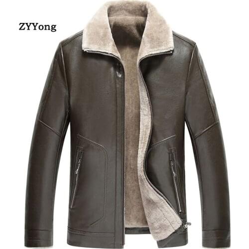 Winter Leather Jacket Men Jacket Black Fleece Fur Turndown Collar Parka Coat Overcoat Plus Velvet Warm PU Casual Outwear