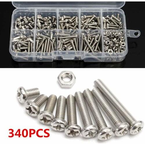 340pcs/Box M3 304 Stainless Steel Cross-headSet Screw Bolts Nut Cap Head Screw Set Fastener Assortment Kit Repair Tools Set
