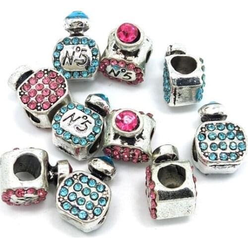 Free shipping 2017 new 20pcs 10mm big hole mix pink and light blue rhinestone perfume bottle beads fit European bracelet DIY
