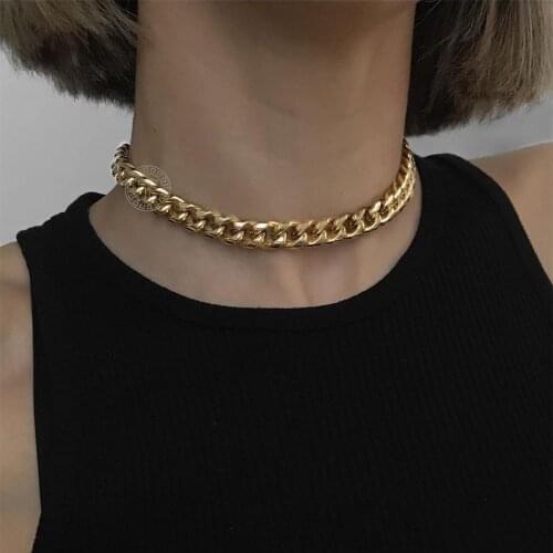 Gold Color 11mm Big Chunky Curb Chain Choker Statement Necklace for Women Girls Stainless Steel Chain Fashion Jewelry DN178