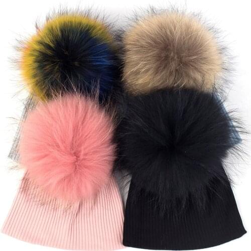 Real Fur Pompom Girls Boys Benies Kids Cute Cotton Hat Newborn Baby Winter Solid Color Ribbed Beanies Caps